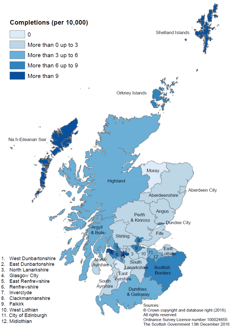 Map C: New build housing - housing association sector completions: rates per 10,000 population, year to end June 2016
