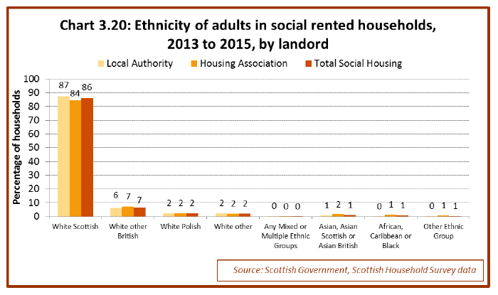 Chart 3.20: Ethnicity of adults in social rented households, 2013 to 2015, by landord 
