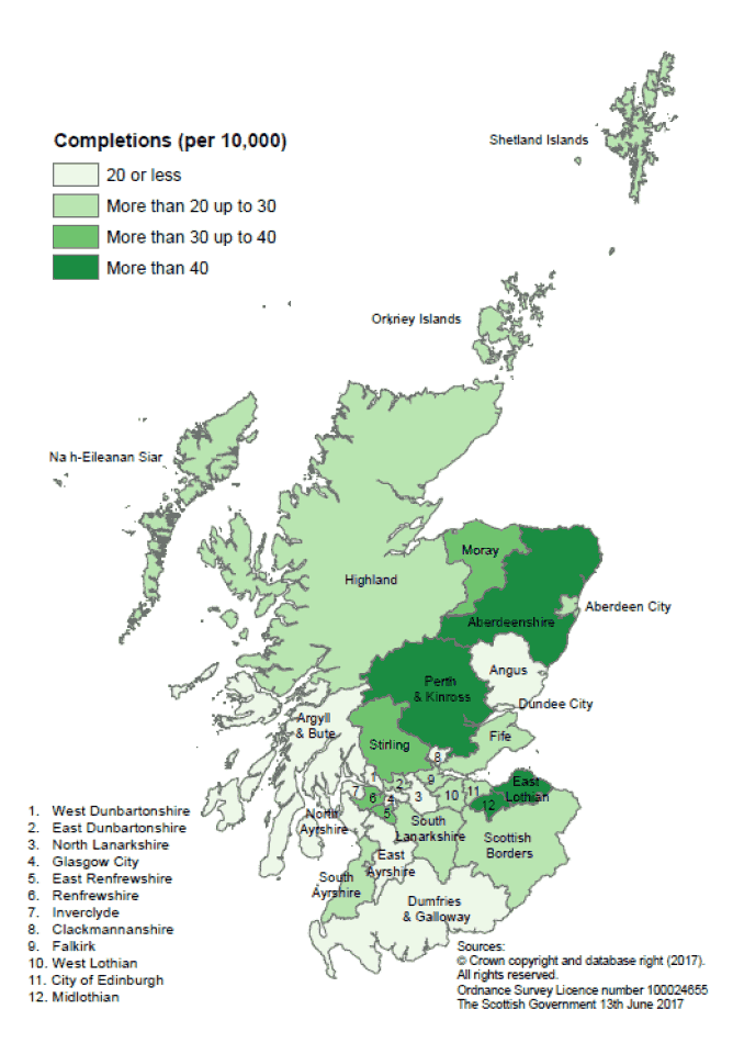 Map B: New build housing - private sector completions: rates per 10,000 population, year to end December 2016