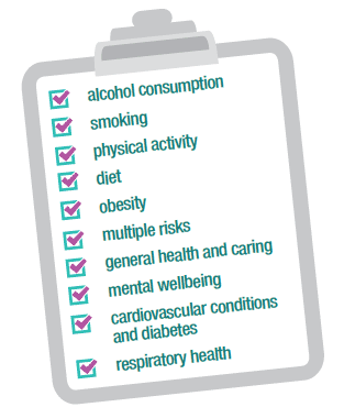 Key topics included alcohol consumption, smoking, physical activity, diet, obesity, multiple risks, general health and caring, mental wellbeing, cardiovascular conditions and diabetes and respiratory health