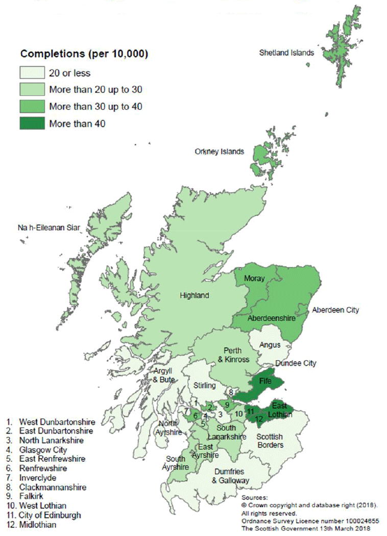 Map B: New build housing – private sector completions: rates per 10,000 population, year to end September 2017