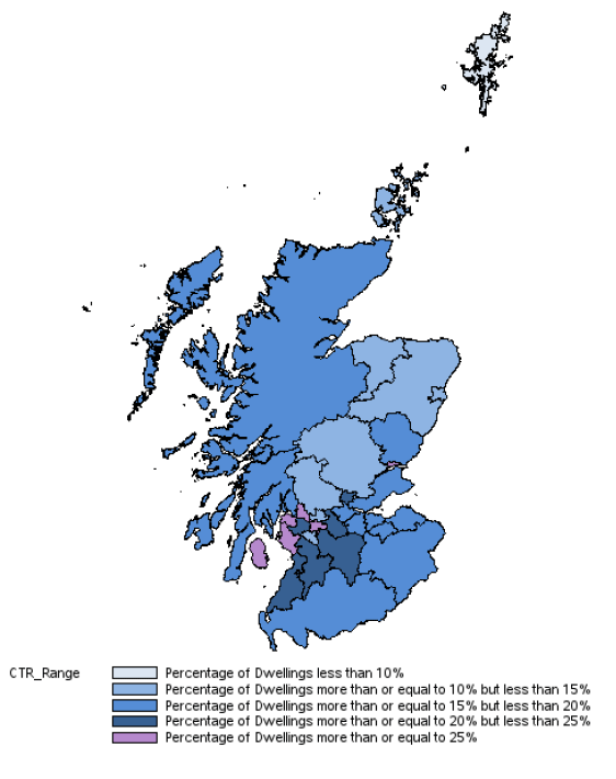 Figure 4: Proportion of chargeable dwellings in receipt of CTR by local authority, March 2018