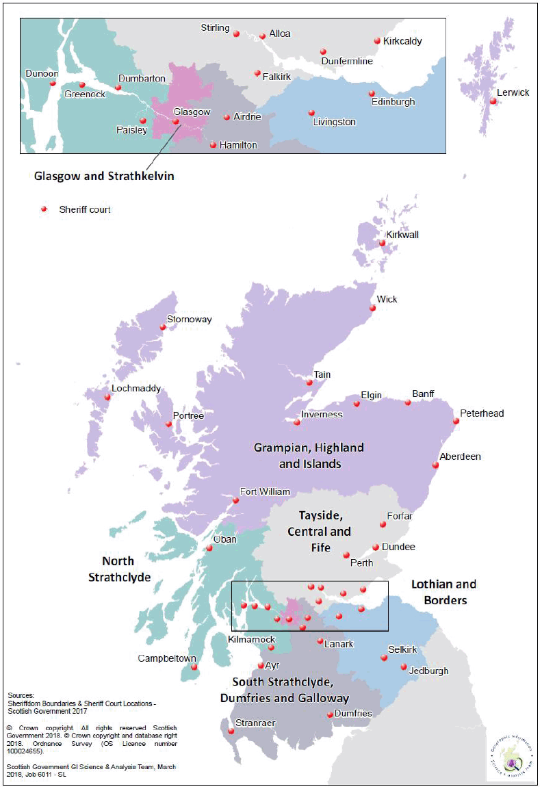 Figure 14: Map of location of the sheriff courts in Scotland in 2016-17
