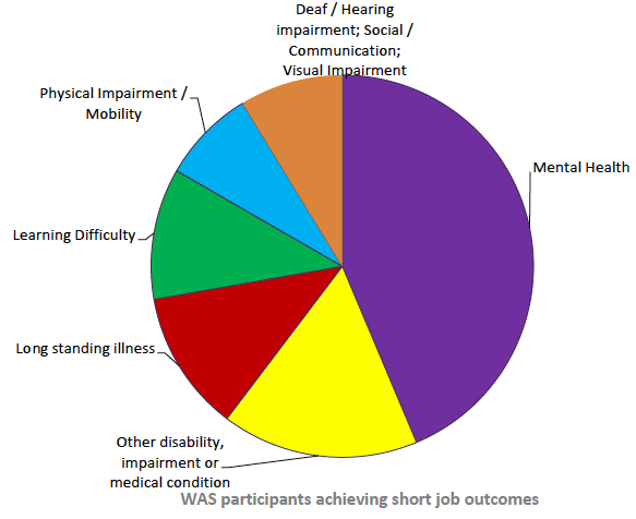 Figure 7: Work Able Scotland participants achieving short job outcomes at 29 June 2018, by type of impairment / health condition / learning difficulty