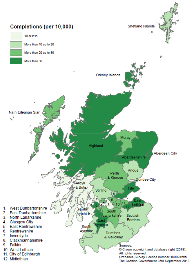 Map B: New build housing - Private sector completions: rates per 10,000 population, year to end March 2018