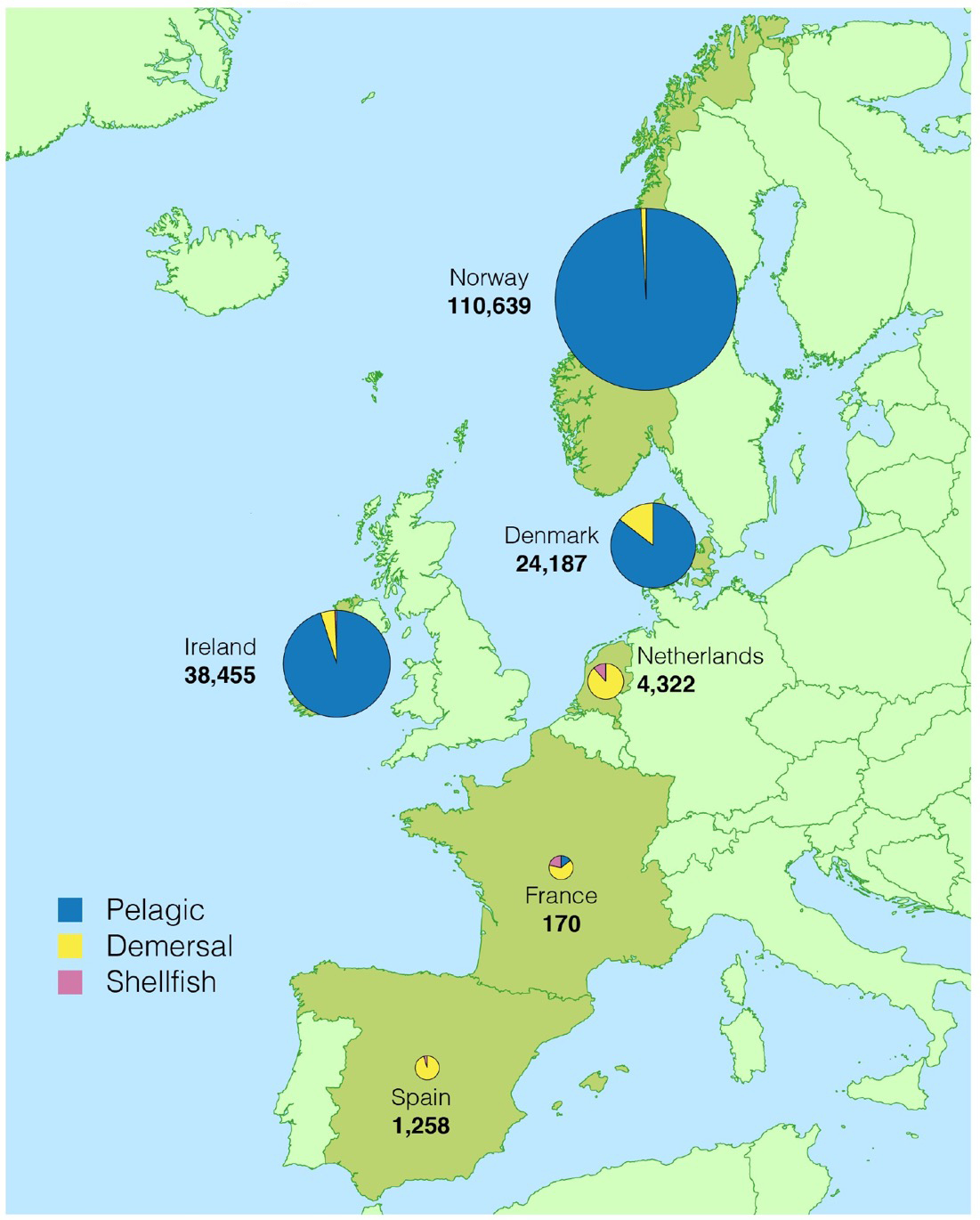 Figure 2. Tonnage landed abroad by Scottish vessels by country of landing and species type