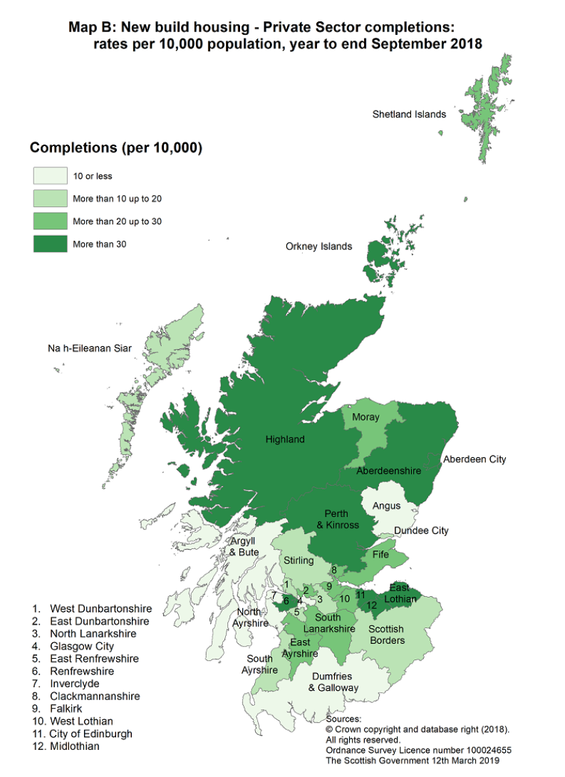 Map B: New build housing - Private Sector completions: rates per 10,000 population, year to end September 2018
