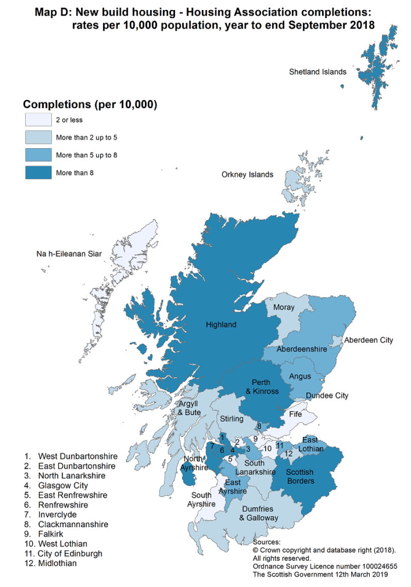 Map D: New build housing - Housing Association completions completions: rates per 10,000 population, year to end September 2018