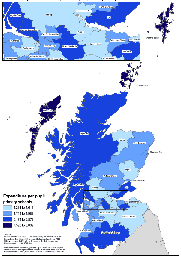 Map 1: Total gross revenue expenditure per pupil in primary schools, 2008-09