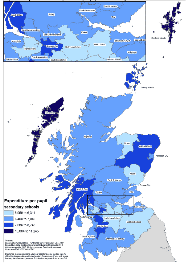 Map 2: Total gross revenue expenditure per pupil in secondary schools, 2008-09