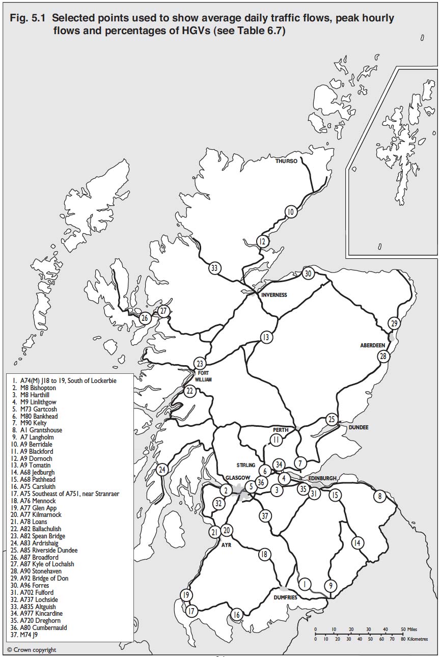 5.1 Selected points to show average daily traffic flows, peak hourly flows and percentages of HGVs