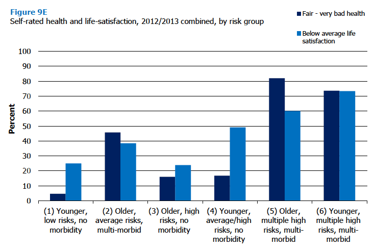 Figure 9E Self-rated health and life-satisfaction, 2012/2013 combined, by risk group