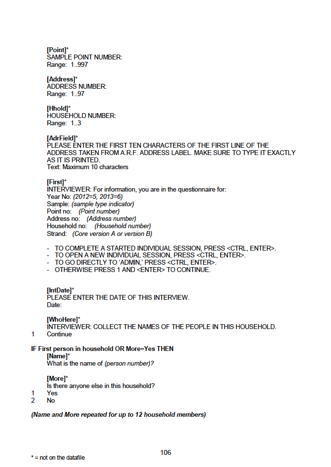 Household questionnaire, individual and biological module questionnaires