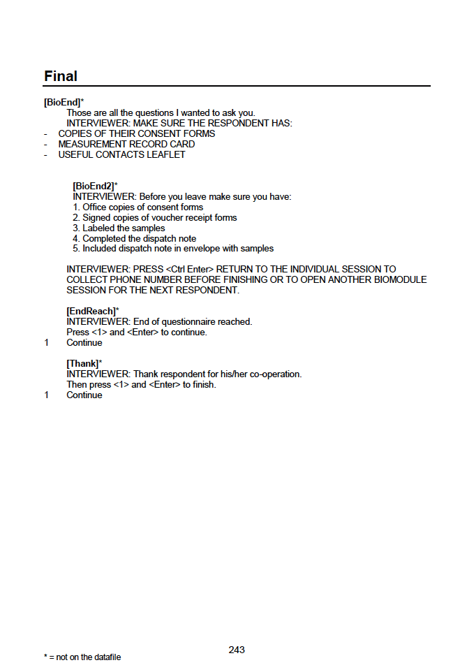 Household questionnaire, individual and biological module questionnaires