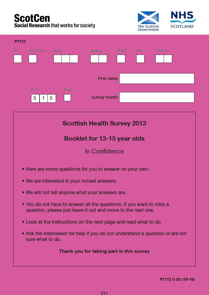 Self-completion booklet for 13-15 year olds