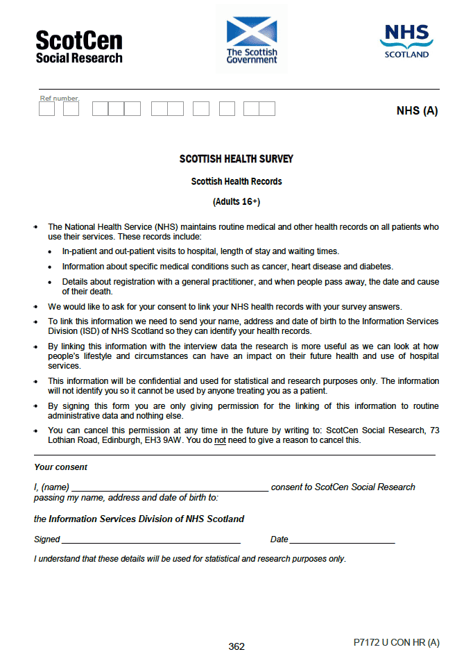 NHS record linkage consent forms for adults and children