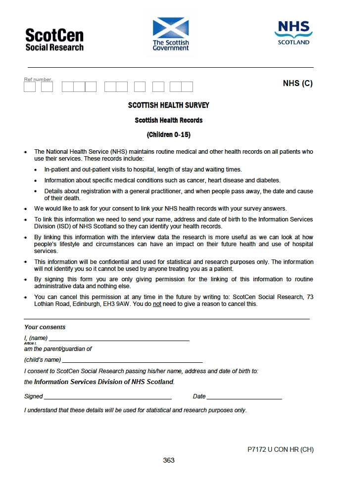 NHS record linkage consent forms for adults and children