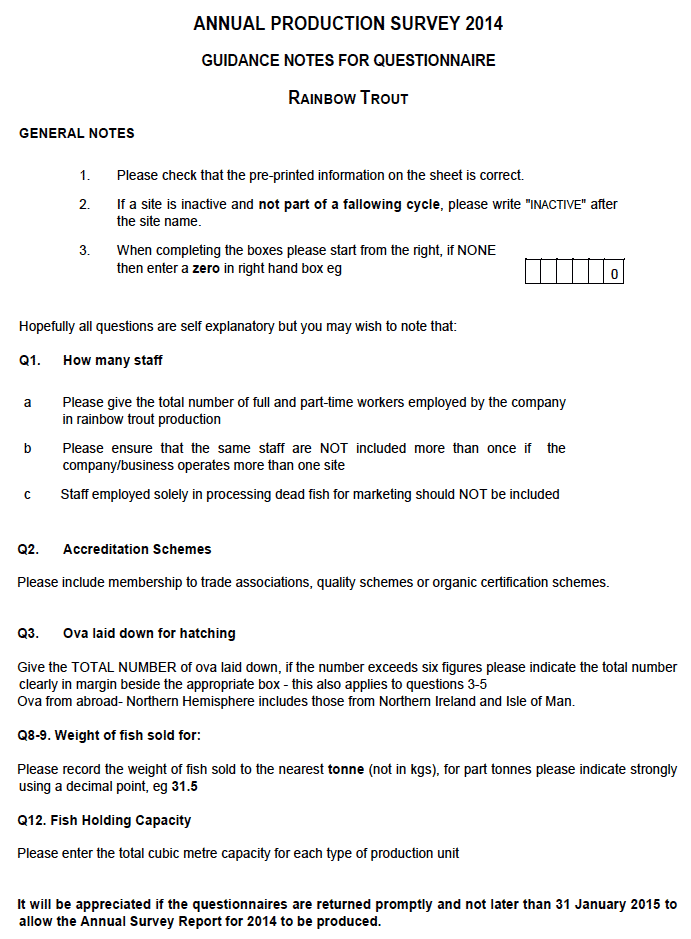 Guidance Notes for Questionnaire - Rainbow Trout