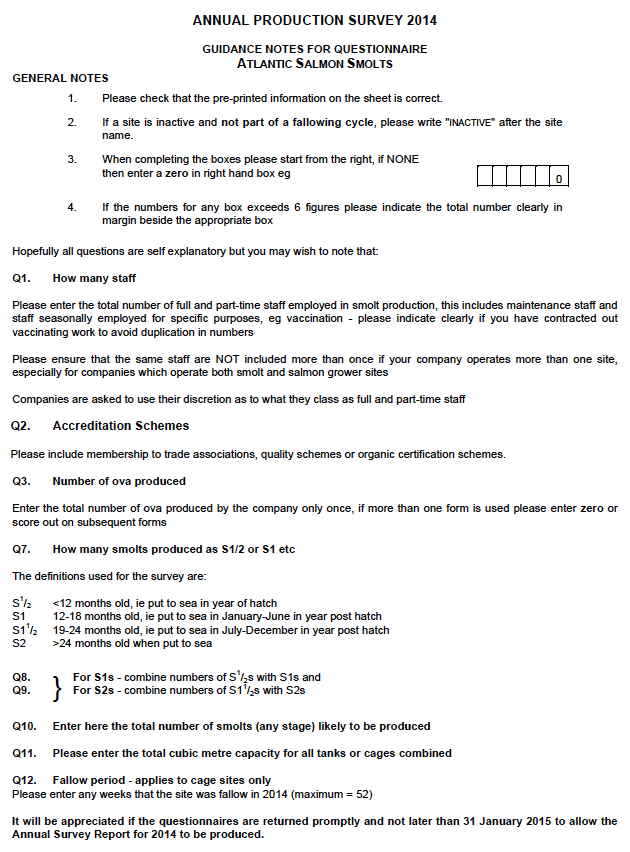 Guidance Notes for Questionnaire - Atlantic Salmon - Smolt
