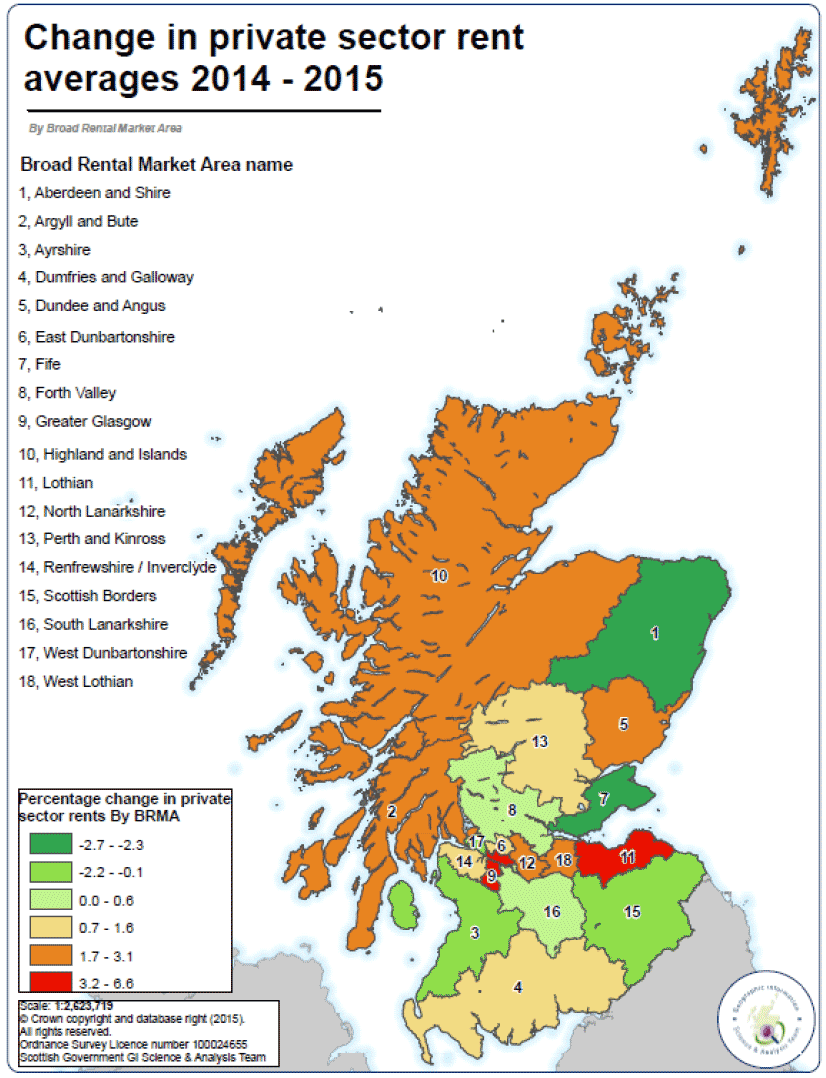 Figure A: Change in average (mean) rents for 2 bedroom properties between 2014 and 2015. 
