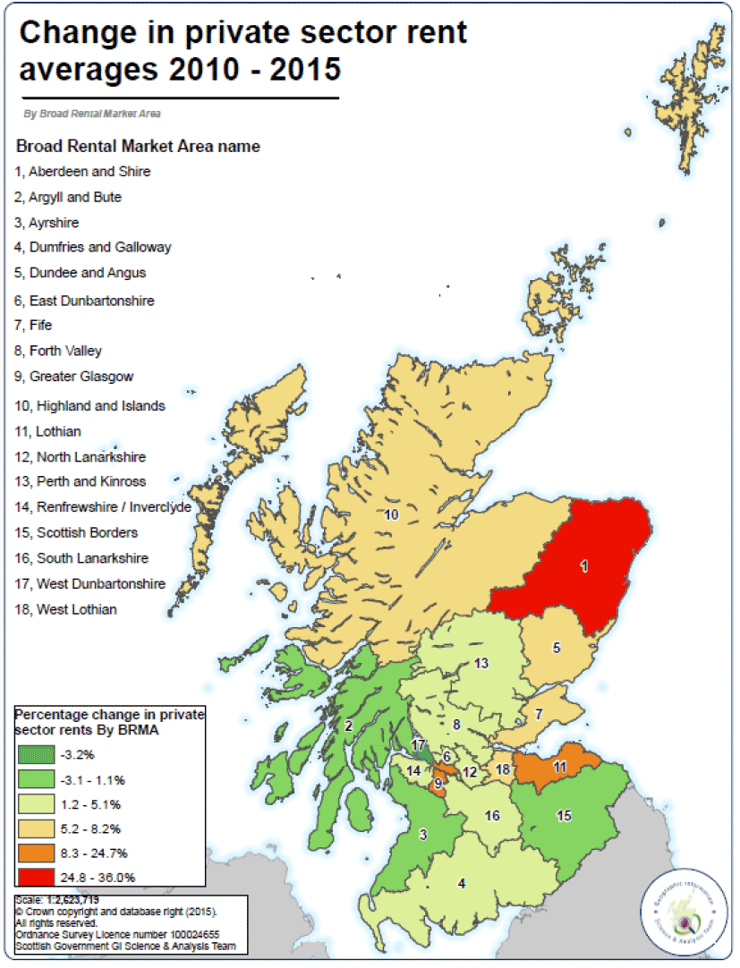 Figure B: Percentage change in average (mean) rents for 2 bedroom properties between 2010 and 2015. 