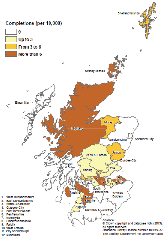 Map D: New build housing - local authority sector completions: rates per 10,000 population, year to end June 2015