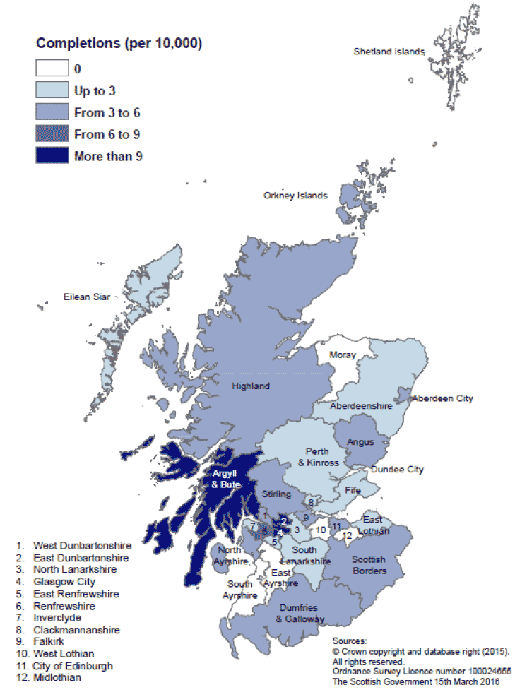 Map C: New build housing – housing association sector completions: rates per 10,000 population, year to end September 2015
