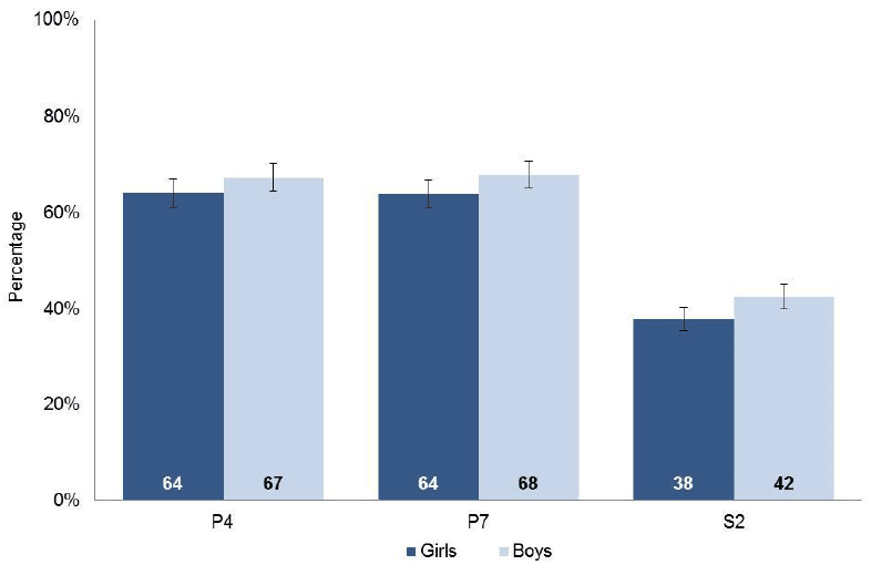 Chart 2.3 Proportion of pupils performing well or very well in numeracy, by stage and gender