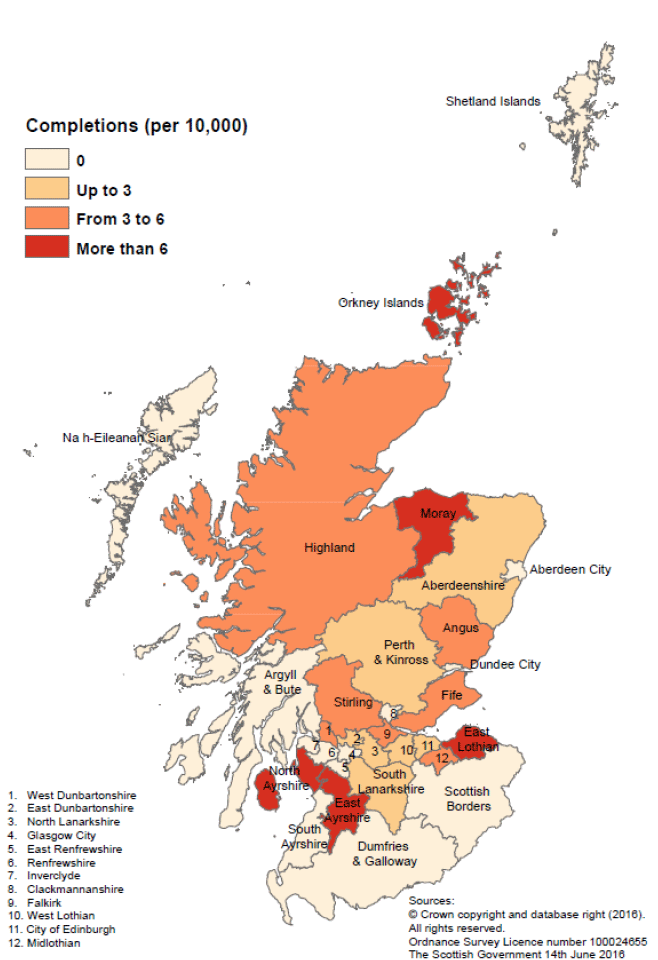 Map D: New build housing - local authority sector completions: rates per 10,000 population, year to end December 2015 Map D: New build housing - local authority sector completions: rates per 10,000 population, year to end December 2015