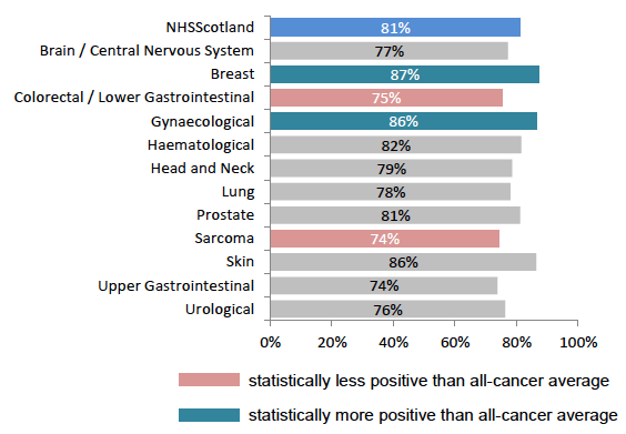 Figure 24: % reporting doctors and nurses did not talk as if they were not there, by tumour group Figure 24: % reporting doctors and nurses did not talk as if they were not there, by tumour group
