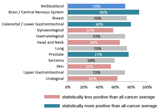 Figure 8: % told they could bring family member/friend to diagnosis, by tumour group Figure 8: % told they could bring family member/friend to diagnosis, by tumour group