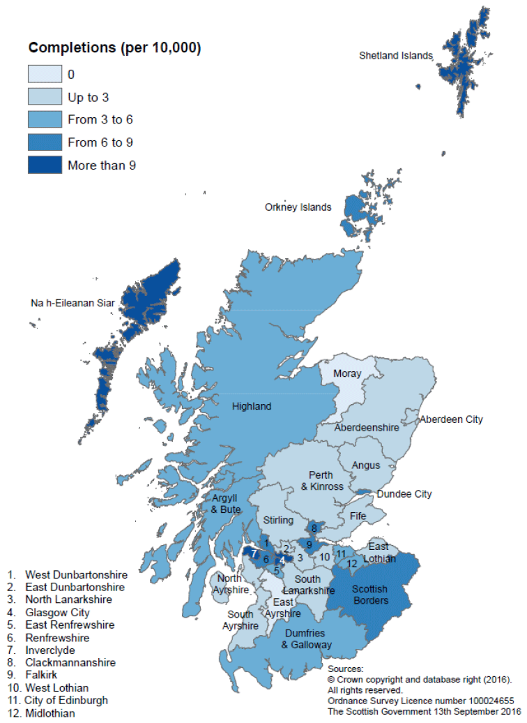 Map C:&nbsp;New build housing - housing association sector completions: rates per 10,000 population, year to end March 2016