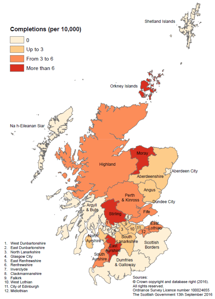 Map D: New build housing - local authority sector completions: rates per 10,000 population, year to end March 2016