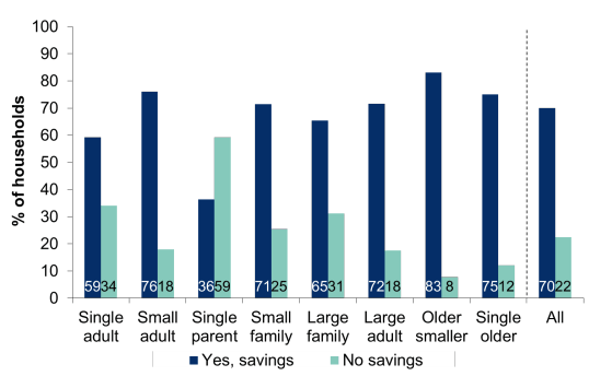 Figure 6.5: Whether respondent or partner has any savings or investments by household type