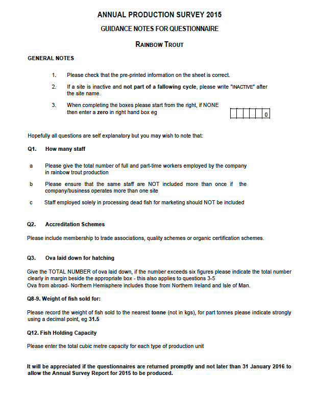 Annual production survey 2015 Guidance notes for questionnaire Rainbow trout