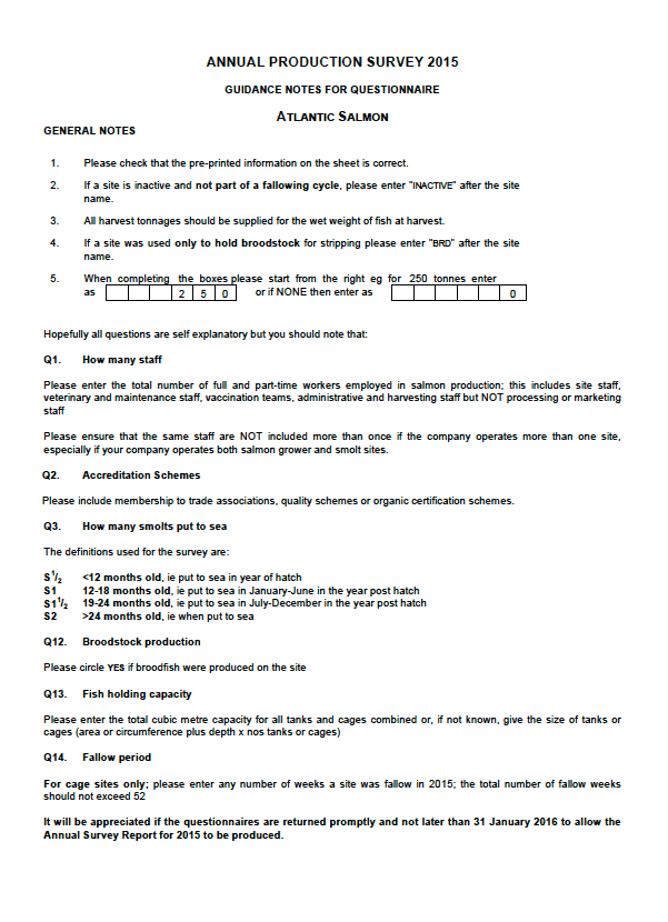 Annual production survey 2015 Guidance notes for questionnaire Atlantic salmon
