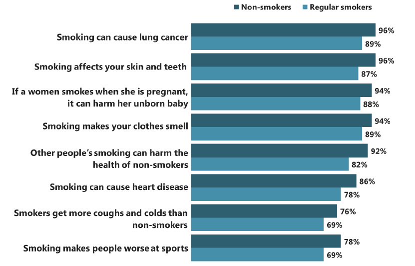 Figure 4.2 Proportion of 15 year olds who 'strongly agree' or 'tend to agree' with statements about the negative effects of smoking, by smoking status (2015) Figure 4.2 Proportion of 15 year olds who 'strongly agree' or 'tend to agree' with statements about the negative effects of smoking, by smoking status (2015)