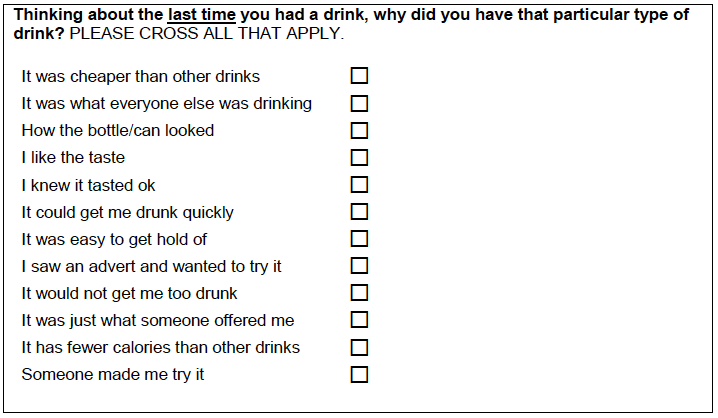 Figure A.11: Version two of question on what influences choice of drink Figure A.11: Version two of question on what influences choice of drink