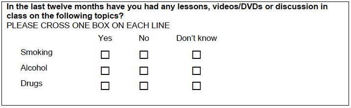Figure A.15: Version one question lessons, videos/DVDs or discussion about substance use topics Figure A.15: Version one question lessons, videos/DVDs or discussion about substance use topics