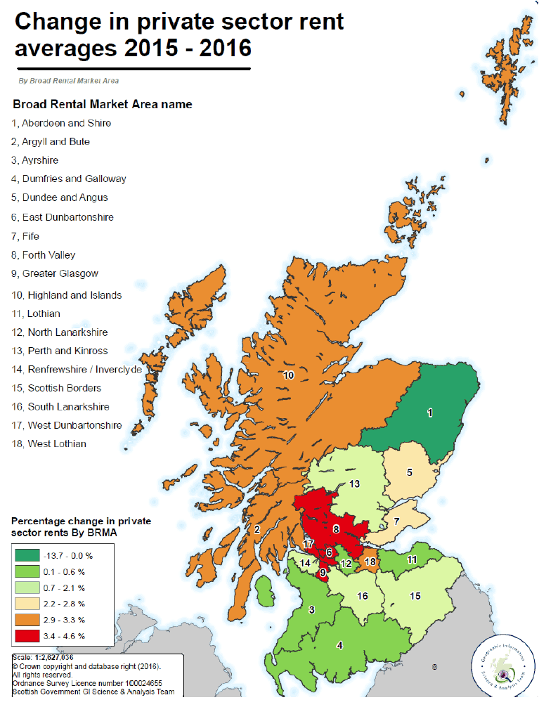 Figure A: Change in average (mean) rents for 2 bedroom properties between 2015 and 2016.