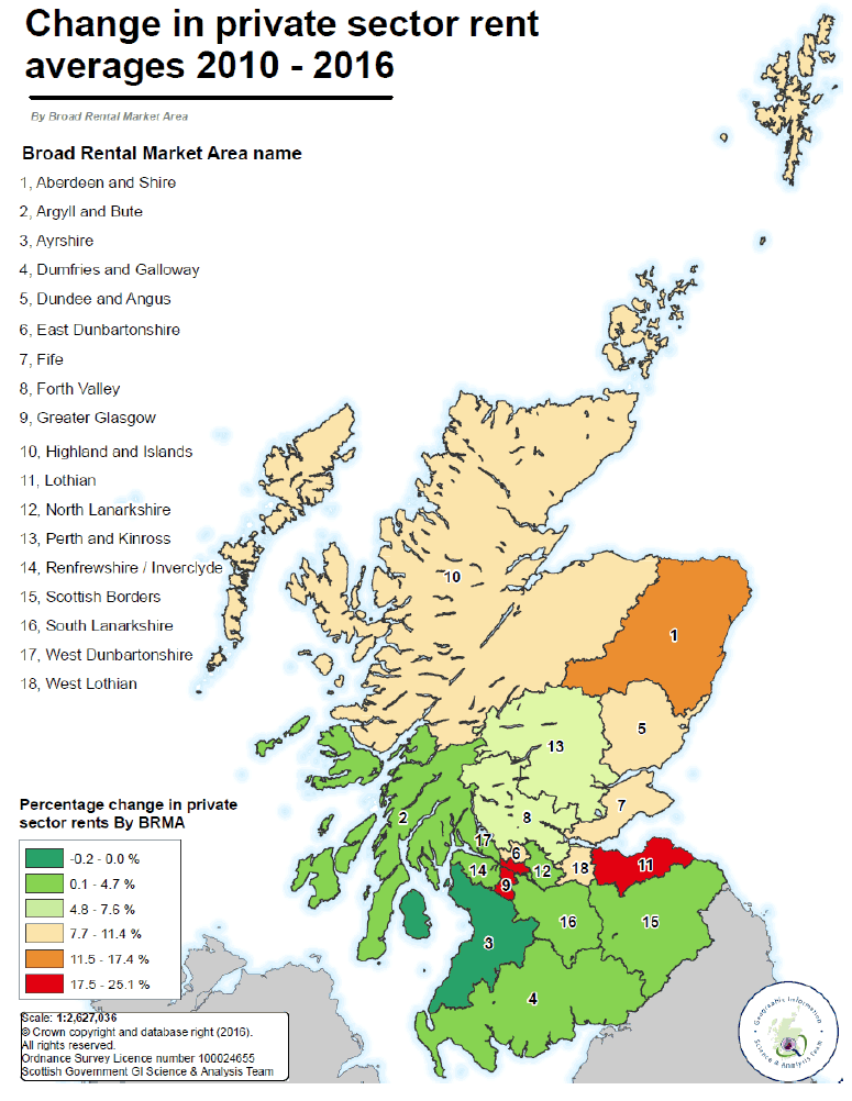 Figure B: Percentage change in average (mean) rents for 2 bedroom properties between 2010 and 2016. 