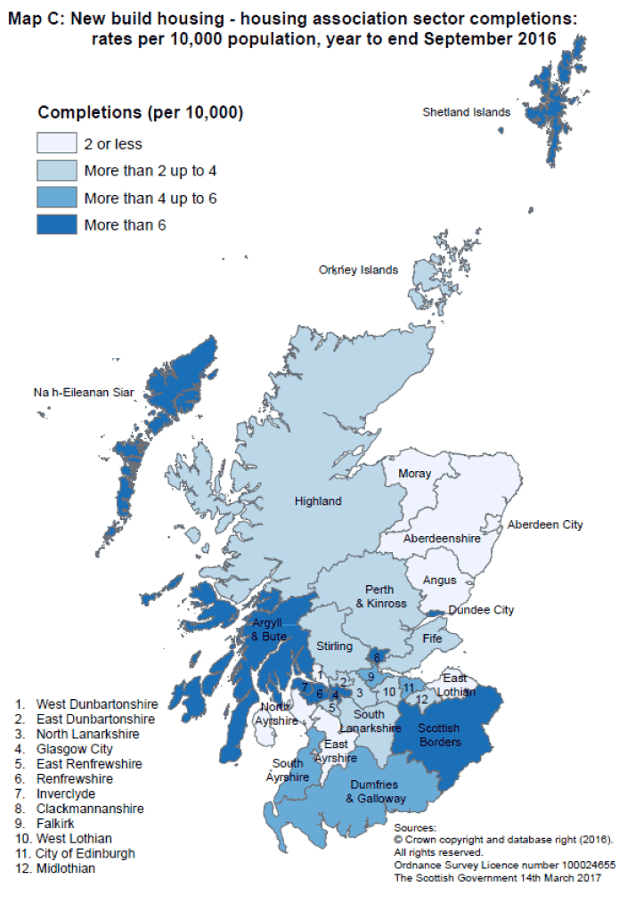 Map C: New build housing - housing association sector completions: rates per 10,000 population, year to end September 2016