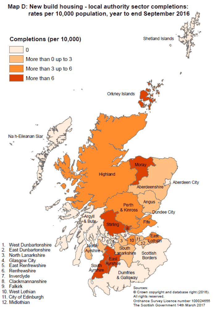 Map D: New build housing - local authority sector completions: rates per 10,000 population, year to end September 2016