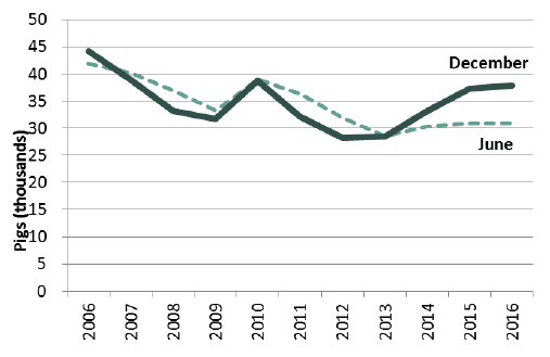 Chart 8: Breeding pigs, June and December 2006 to 2016 Chart 8: Breeding pigs, June and December 2006 to 2016