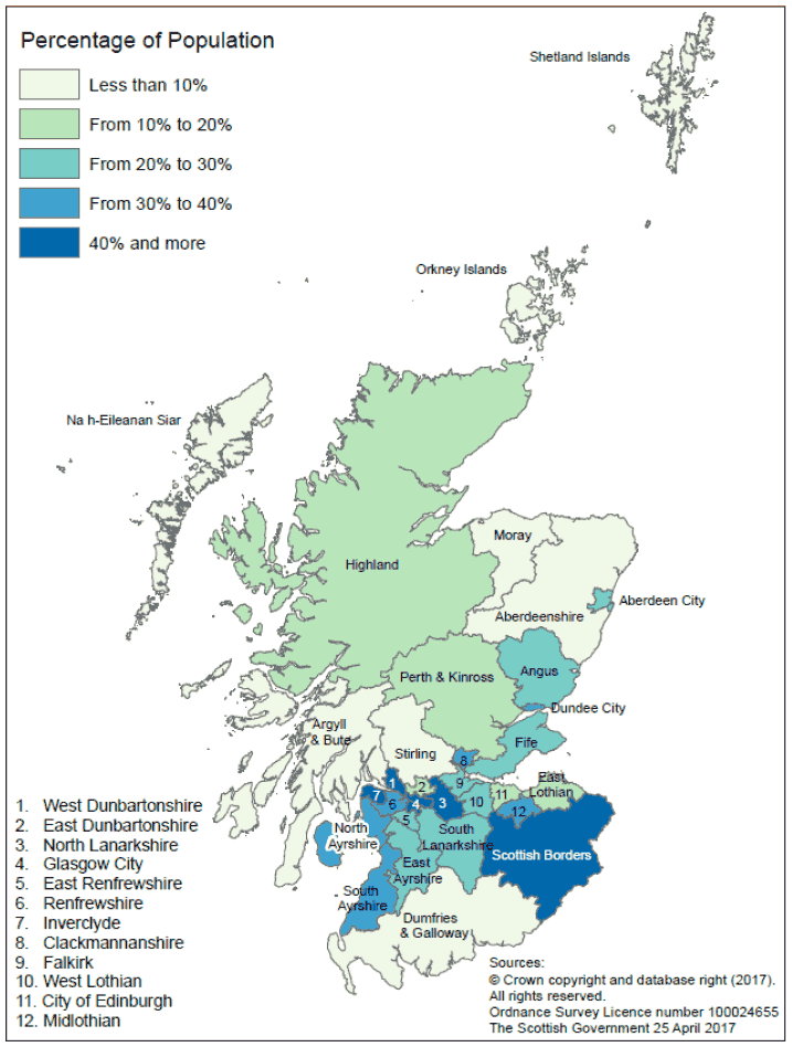 Map 1: Percentage of population within 500 metres of a Derelict Site, 2016 Map 1: Percentage of population within 500 metres of a Derelict Site, 2016