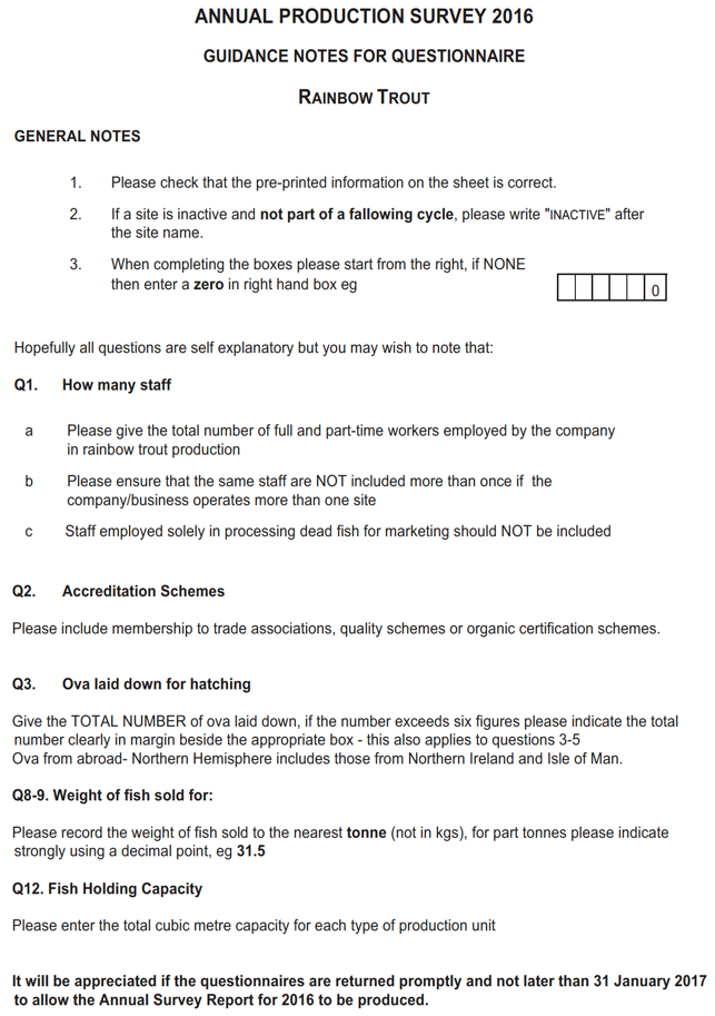 Annual Production Survey 2016: Guidance Notes for Questionnaire: Rainbow Trout