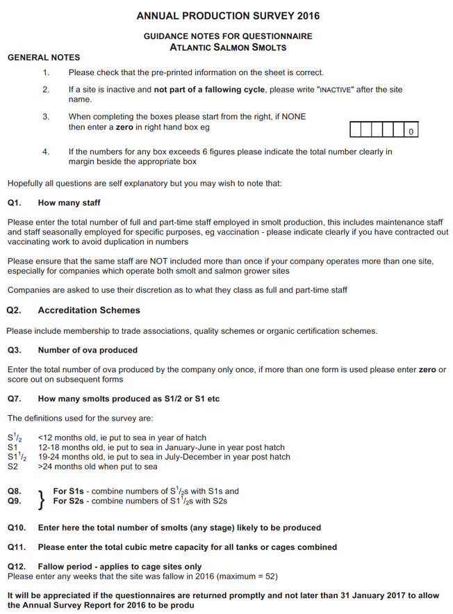 Annual Production Survey 2016: Guidance Notes for Questionnaire: Atlantic Salmon Smolts