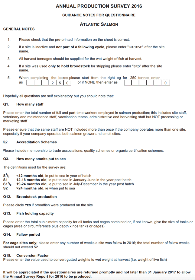 Annual Production Survey 2016: Guidance Notes for Questionnaire: Atlantic Salmon