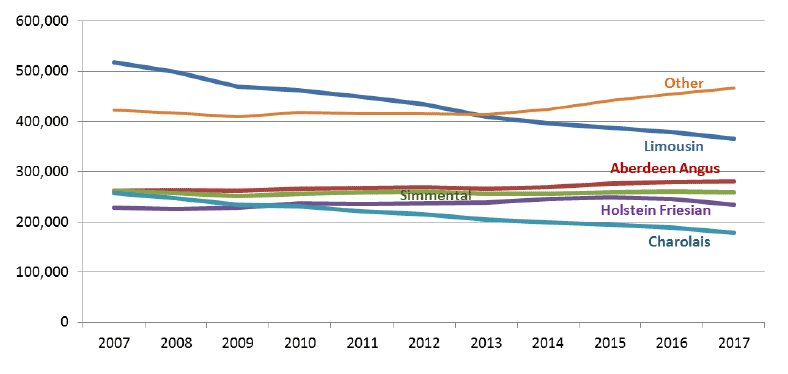 Chart 16: Most popular cattle breeds in Scotland, 2007 to 2017