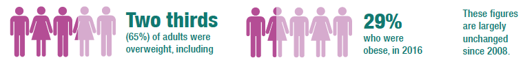Two thirds (65%) of adults were overweight, including 29% who were obese, in 2016 These figures are largely unchanged since 2008